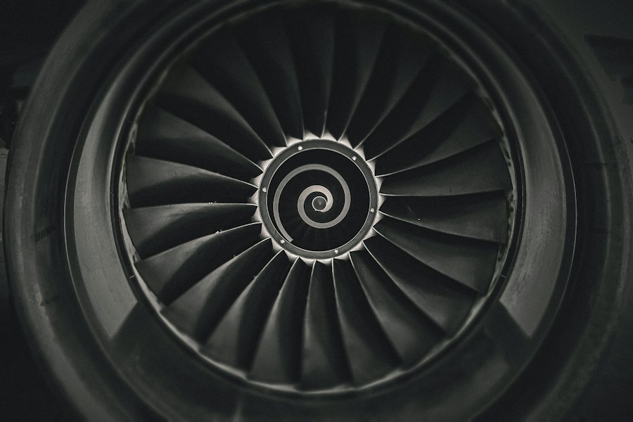 Close-up of a jet engine turbine