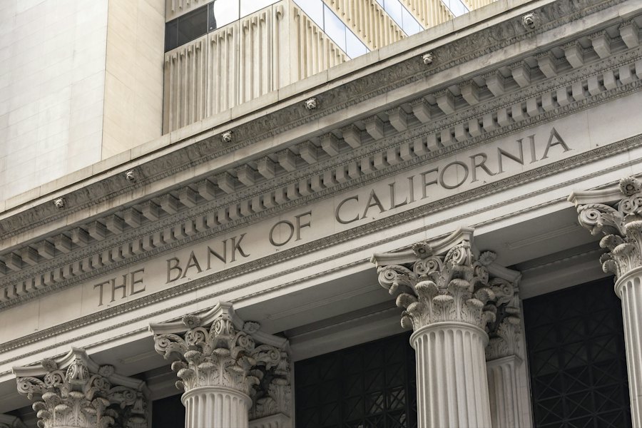 Classical stone columns of a financial building